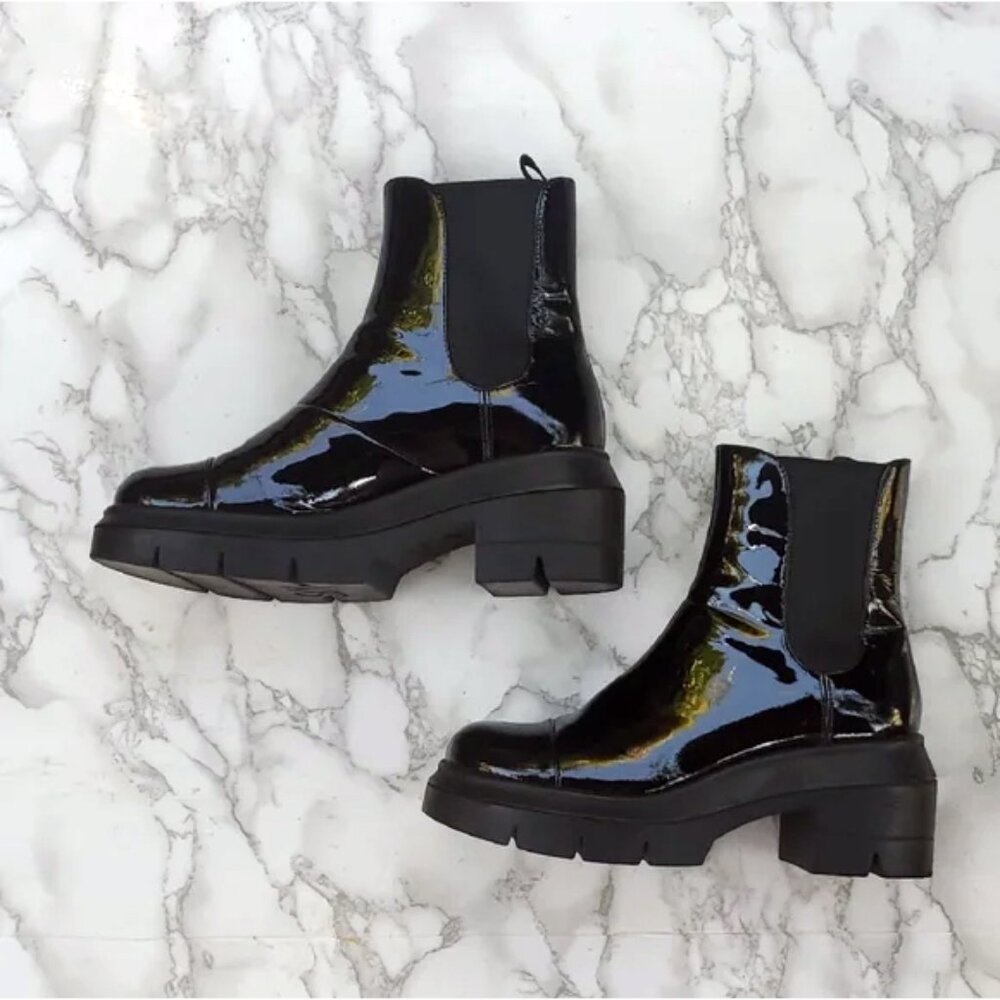 Stuart Weitzman Norah Chelsea Boots - Patent Black Ankle Boots - US5
